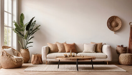 Living room interior wall mockup in warm tones with beige linen sofa - obrazy, fototapety, plakaty