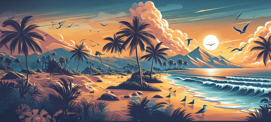 Illustration île tropicale - obrazy, fototapety, plakaty
