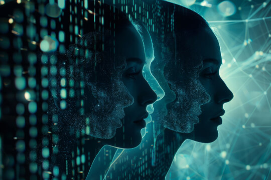 Digital Transformation of Human Face Into Deep Fake Representation. Profile of persons face transitions into virtual deep fake counterpart