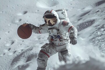 Astronaut in space suit playing basketball on the moon - 741663003