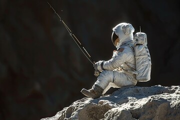 Astronaut in space suit fishing on the moon - 741663041