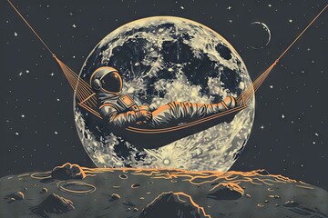 Astronaut in space suit relaxing on hammock on the moon - 741663047