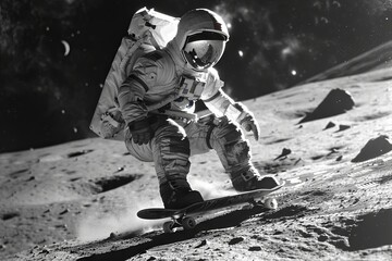 Astronaut in space suit skateboarding on the moon - 741663072
