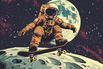Astronaut in space suit skateboarding on the moon - 741663077