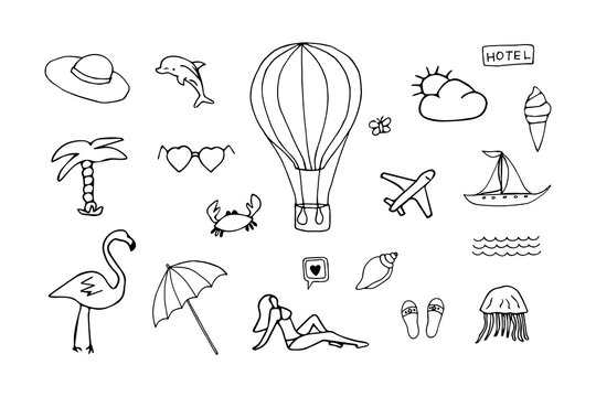 Travel Vacation Hand drawn vector illustrations. Doodle set on the theme of travel. Balloon, sea creatures and beach umbrella for vacation isolated on white background.