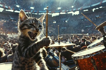 cat rock band performing a sold-out concert in a stadium packed with adoring fans, with the lead singer belting out meow-sical hits and the drummer keeping the beat - 741663202