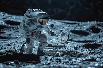 Astronaut in space suit playing a match of tennis on the moon - 741663226
