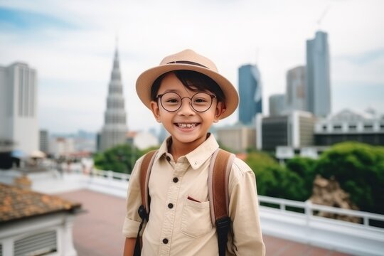 Portrait of happy asian boy wearing hat and glasses looking at camera
