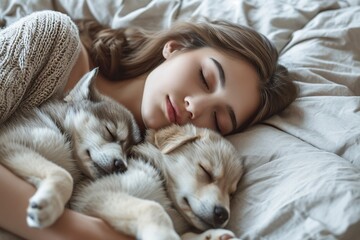 beautiful teenager sleeping with her dogs
