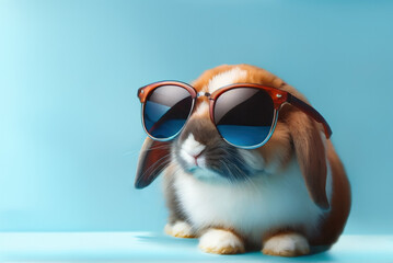 Funny lop-eared rabbit with glasses on light blue background. Copy space. AI generative.