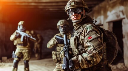 The operation to clean up the ruined city. Soldiers are moving deep into the occupied territories. Concept of modern military operations.