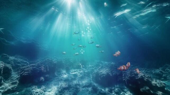 amidst the cerulean depths, sunlight pierces through the water, casting an ethereal glow upon the coral garden below, vibrant sea fans sway gently, landscape with space, videos HD