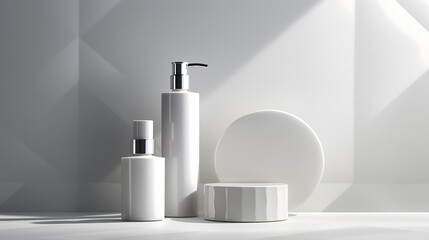 Bathroom essentials neatly organized with hygiene and beauty products such as bottles, creams, and sprays on display