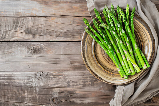 Green asparagus on a plate, vegetarian food on a wooden surface, top view