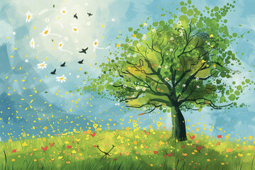 Spring background, tree in the meadow, flowers blooming and new green leaves blooming, allergies coming with bloom