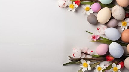 Fototapeta na wymiar Easter Whimsy: Pastel Painted Eggs and Delicate Spring Blossoms on a White Surface