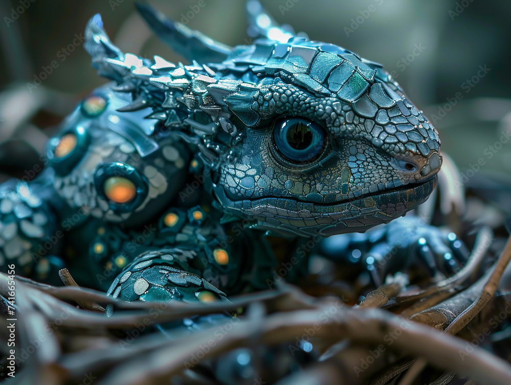 Poster high tech dragon hatchling soft light in a robotic nest capturing a moment of new life stock style