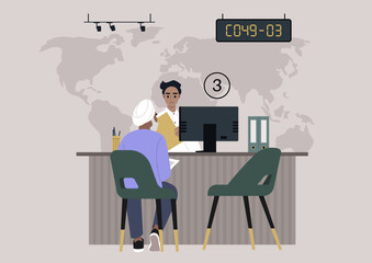 Consultation Hour, Senior Client Receives Financial Guidance at Local Bank Branch, an elderly customer engages with an employee at a service desk