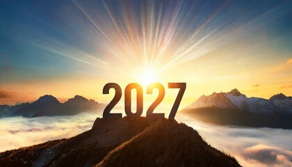 Year 2027, concept. New Year 2027 at sunset. Silhouette 2027 stands on a mountain with sun rays at sunrise, creative idea.