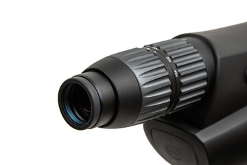 Modern spyglass. Long-range observation device. Monocular isolate on a white back