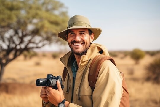 Happy hiker with binoculars in the Okavango Delta, Botswana