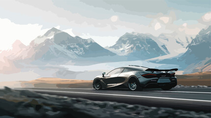 Fast sports car on road with shaped mountains 