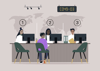 Early Morning Client Consultation at the Global Finance Hub, A customer engages with a bank teller as the day begins