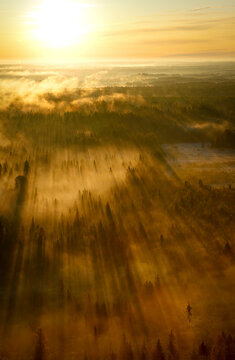 Aerial view of Istra countryside at sunrise, Moscow Oblast, Moscow, Russia.