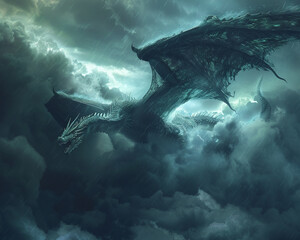 Artificial dragon flying through a tech enhanced storm soft lighting dramatic scene stock photo