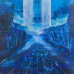 A futuristic landscape pulsating with neon blue energy, depicting the intersection of technology and global interconnectedness.