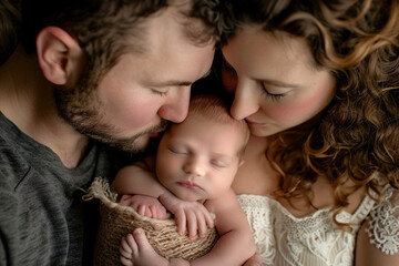 Portrait of parents and newborn baby. Father and mother