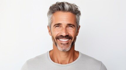 attractive middle aged man in white mock-up T-Shirt, looking into camera