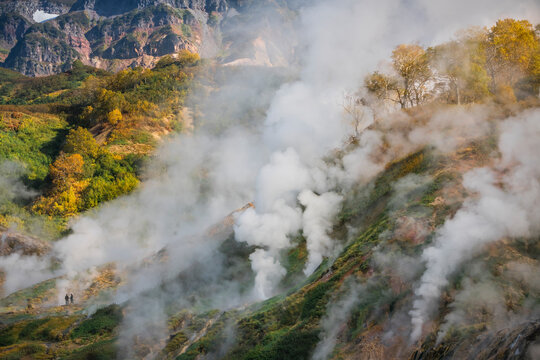 Aerial view of Dolina Geyzerov, a volcanic caldera and geothermal area with hot spring water in Valley of Geysers, Kamchatka Krai peninsula, Russia.
