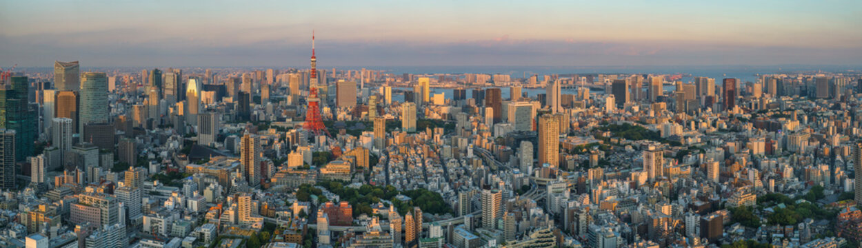 Aerial panoramic view of Tokyo downtown at sunset, Kanto region, Japan.