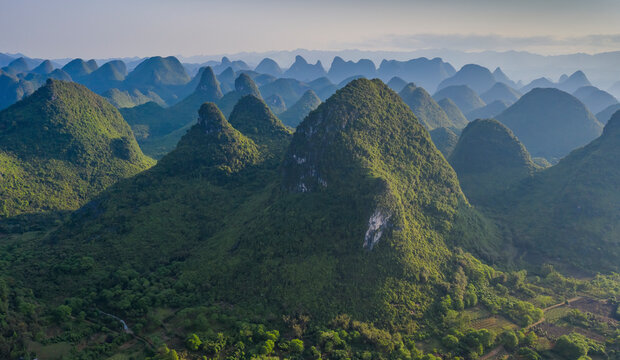 Aerial view of Moon Hill Yangshuo, a scenic hilly landscape, Yangshuo County, Guilin, Guangxi Zhuang Autonomous Region, China.