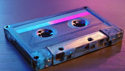 Neon cassette. Nostalgia of the 90s. Audio cassette for listening to music.	
