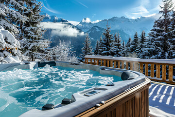 ski resort in the mountains. a hot tub with spa near a snow environment - obrazy, fototapety, plakaty