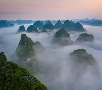 Aerial view of Moon Hill Yangshuo, a scenic hilly landscape, Yangshuo County, Guilin, Guangxi Zhuang Autonomous Region, China.