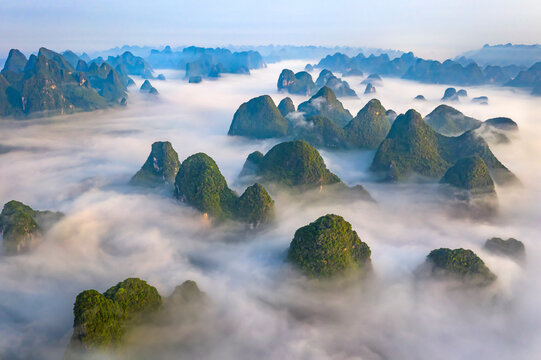 Aerial view of Moon Hill Yangshuo, a scenic hilly landscape, Yangshuo County, Guilin, Guangxi Zhuang Autonomous Region, China.