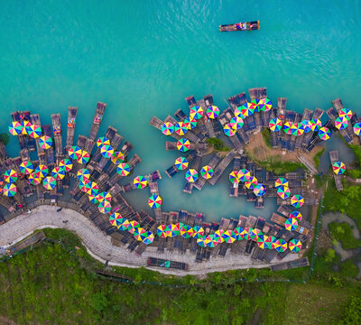 Aerial view of traditional boats along the river in Moon Hill Yangshuo valley, Yangshuo County, Guilin, Guangxi Zhuang Autonomous Region, China.
