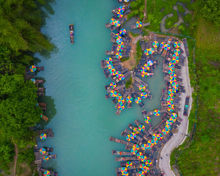 Aerial view of traditional boats along the river in Moon Hill Yangshuo valley, Yangshuo County, Guilin, Guangxi Zhuang Autonomous Region, China.