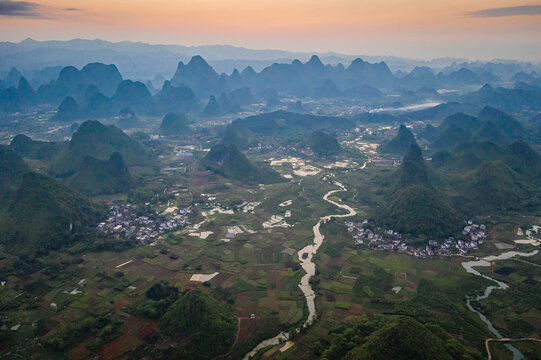 Aerial view of Moon Hill Yangshuo, a scenic hilly landscape, Yangshuo County, Guilin, Guangxi Zhuang Autonomous Region, China.