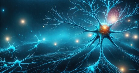 Neurons and Microglia. Microglial cells are the most prominent immune cells of the central nervous system (CNS). Interconnected neurons cells with electrical pulses. Glowing synapse. Hologram view.