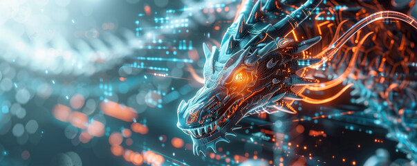 Dragonoid with quantum computing core soft light solving complex algorithms stock photo ready - obrazy, fototapety, plakaty
