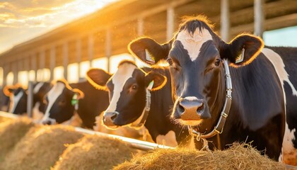 Portrait cows black jersey with automatic collar stand in stall eating hay. Dairy farm livestock industry.