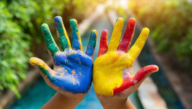 Child's hands covered in brightly colored paint. Perfect for art projects and creative activities 