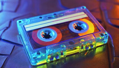 Neon cassette. Nostalgia of the 90s. Audio cassette for listening to music.