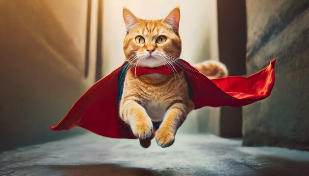 Superhero cat, Cute orange tabby kitty with a red cloak and mask jumping