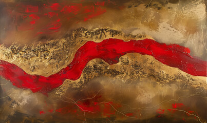 Dark red paint with gold texture on canvas, brush strokes painting wallpaper, close up macro view, copy space	
