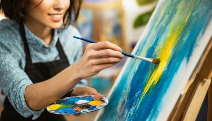 Close up of a creative artist's hands painting vibrant strokes on a canvas in artistic process in...